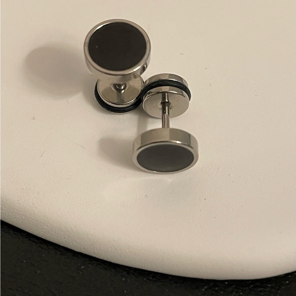 Silver & Black Flat Front & Backs- 316L Stainless Steel Earrings-Unisex - Picture 5 of 8